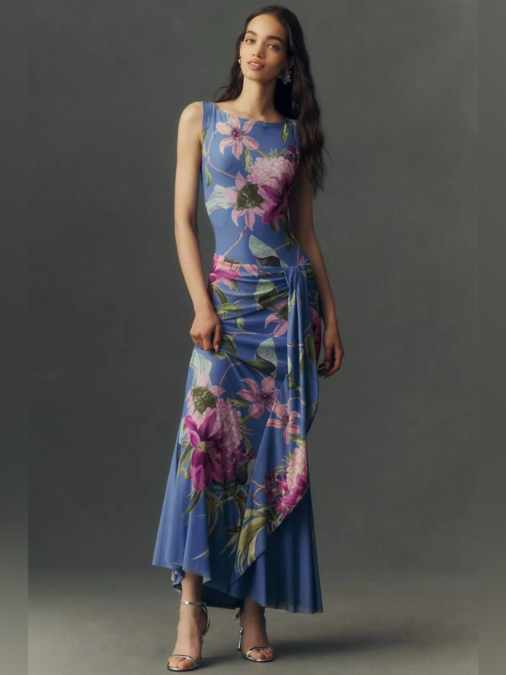 BHLDN Blue Floral Maxi Dress with Pink and Purple Blooms
